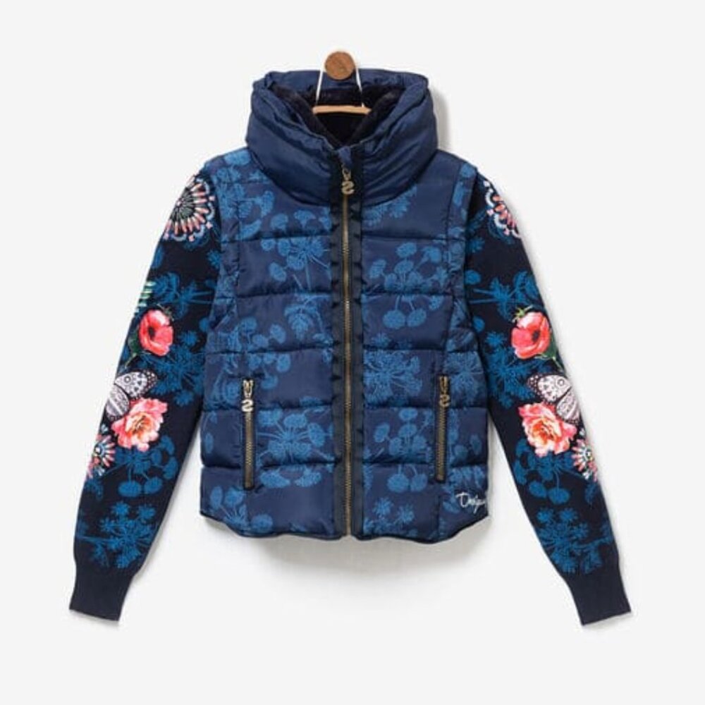 NEW Desigual Girls Size 5 6 Navy Blue Pink Floral Puffer Jacket Convertible Vest